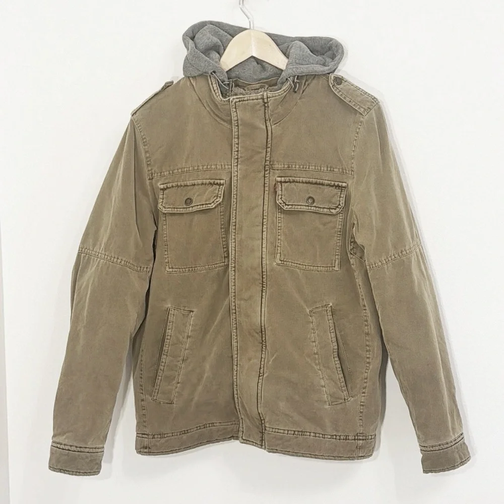 LEVI’S Washed Cotton Brown Jacket Removable Hood Snap/Zipper Front Size Small
